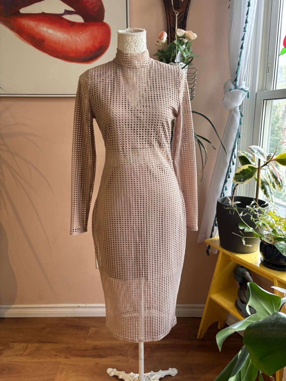 Long-Sleeve High Neck Mesh Midi Bodycon Dress